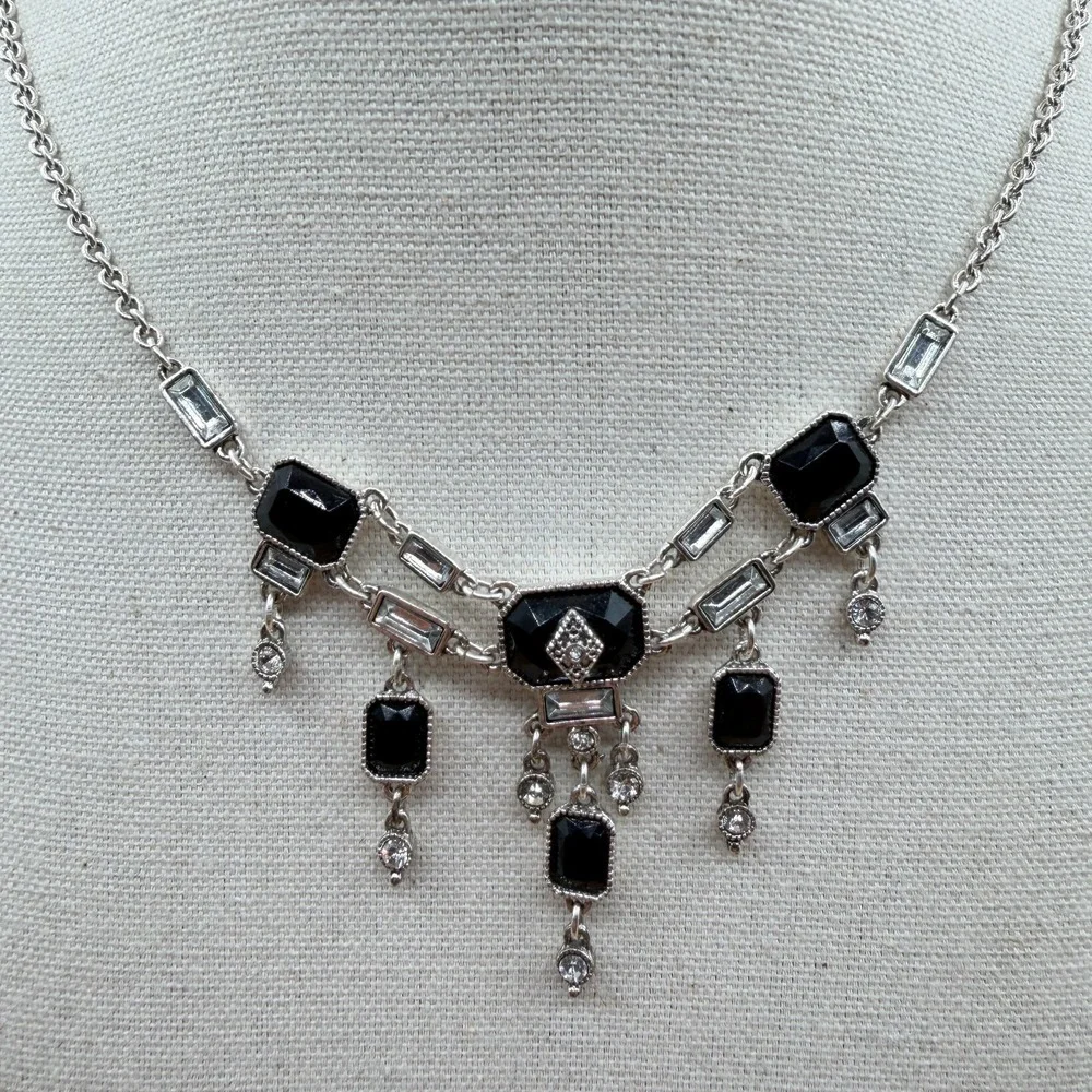 Black Faceted Crystal Rhinestone Silver Tone Dangle Bib Statement Necklace Deco